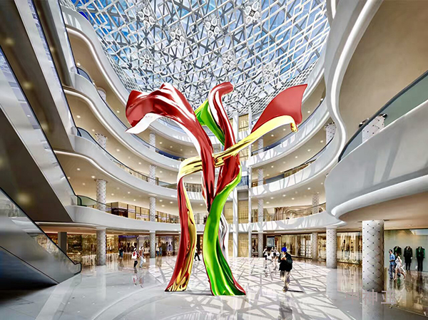 《絲路花雨》 高17.97m 寬12.97m 不銹鋼烤漆設計：王開方 2017年 位于烏魯木齊絲綢之路經濟帶旅游集散中心